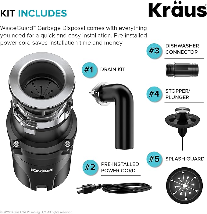KRAUS WasteGuard 1/2 HP Continuous Feed Ultra-Quiet Motor Garbage Disposal with Quick Connect Mount, Power Cord and Flange Included, KWD110-50MBL