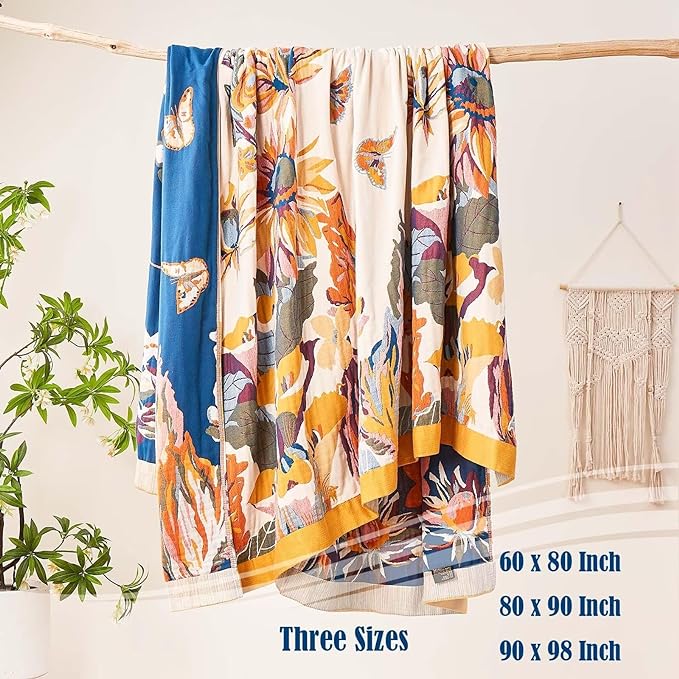 Boho Throw Blanket, 100% Cotton Ultra Soft Luxury Throw Rustic Quilt, 90"x98" Floral Bird Butterfly Farmhouse Decor Bed Blankets, All Season Rustic Reversible Bohemian Throw for Bed - Yellow