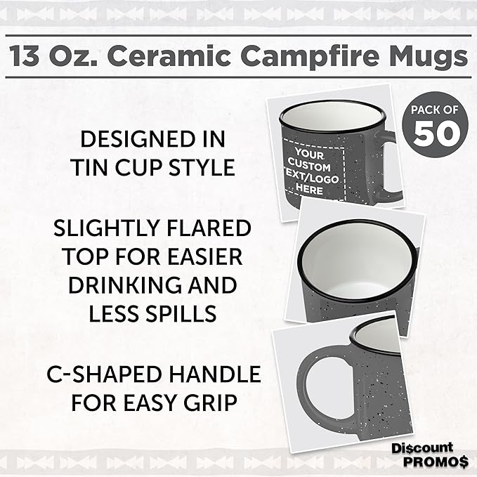 DISCOUNT PROMOS Custom Ceramic Campfire Coffee Mugs 13 oz. Set of 50, Personalized Bulk Pack - Perfect for Tea, Espresso, Cappuccino, Hot Cocoa - Grey