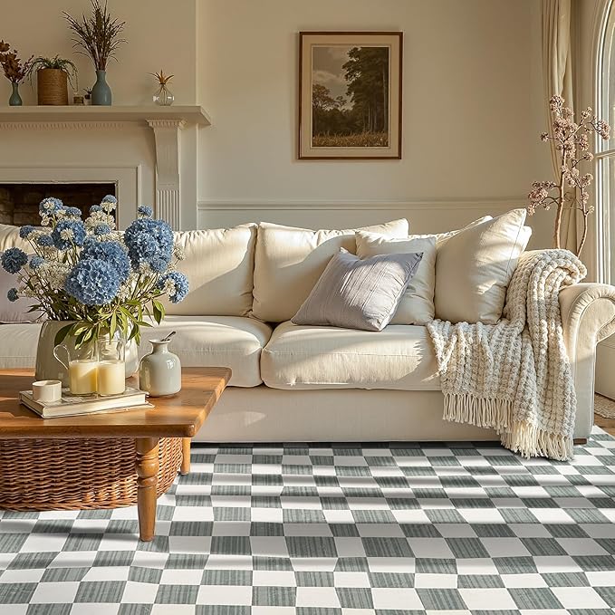 jinchan 5x7 Checkered Area Rugs for Kids Room - Machine Washable Soft Rug Modern Geometric Lattice Non-Slip Carpet for Nursery Playroom Classroom Living Room Bedroom Dining Room Home Office Grey