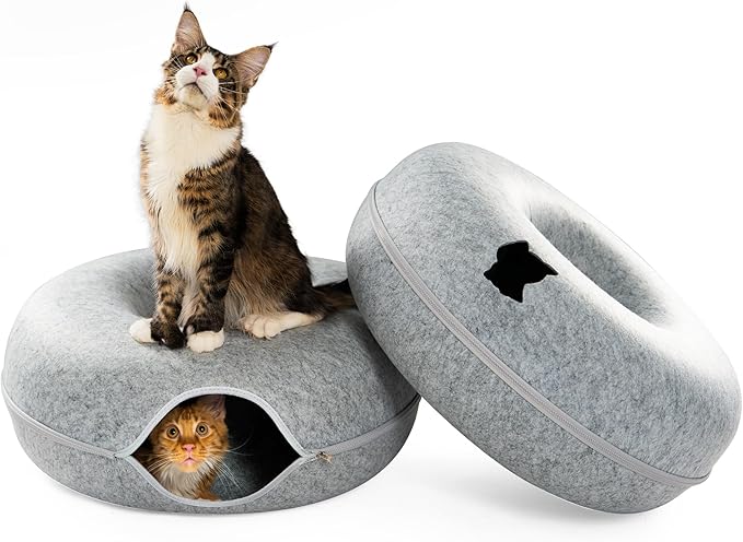 Cattasaurus Peekaboo Cat Cave, Extra Spacious for Multiple & Large Cats 12+ lbs, Scratch Detachable Beds for Indoor Cats, Washable Tunnel Bed, Comfy Cat Donut Tunnel (Light Gray+Light Gray, Jumbo)