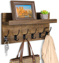 Shelf with Hooks, Coat Rack Wall Mount with 6 Double Metal Hooks, 17 Inch Farmhouse Wall Hooks with Shelf, for Entryway, Bathroom, Kitchen, Rustic Brown