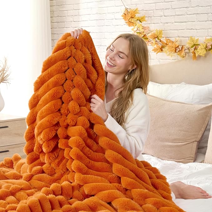 Cozy Bliss Fall Harvest Faux Fur Throw Blanket for Couch, Cozy Warm Plush Striped Blanket for for Decorating Couch Sofa Bedroom Living Room,60 * 80 Inches Burnt Orange