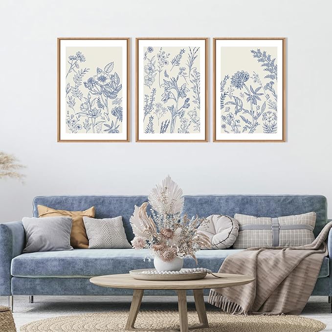 HPINUB Classic Chinoiserie Floral Framed Canvas Wall Art Set,Watercolor Blue and White Botanical Flowers Wall Decor,Navy Blue Minimalist Wildflower Art Print for Living Room,Bedroom,Office-16 x24 x3