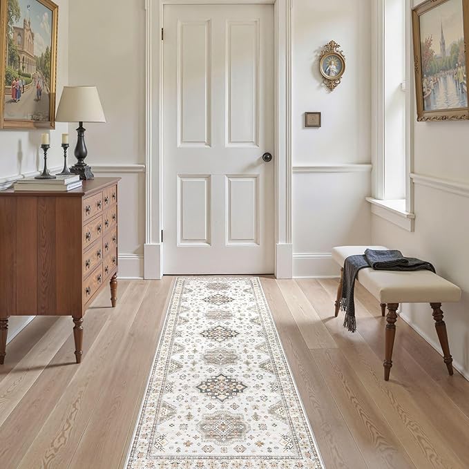 Washable 2x6 Runner Rug - Area Rugs Neutral Vintage Distressed Floral Farmhouse Boho Large Soft Floor Rug Indoor Carpet for Hallway Entryway Bedroom Kitchen - Blue Brown