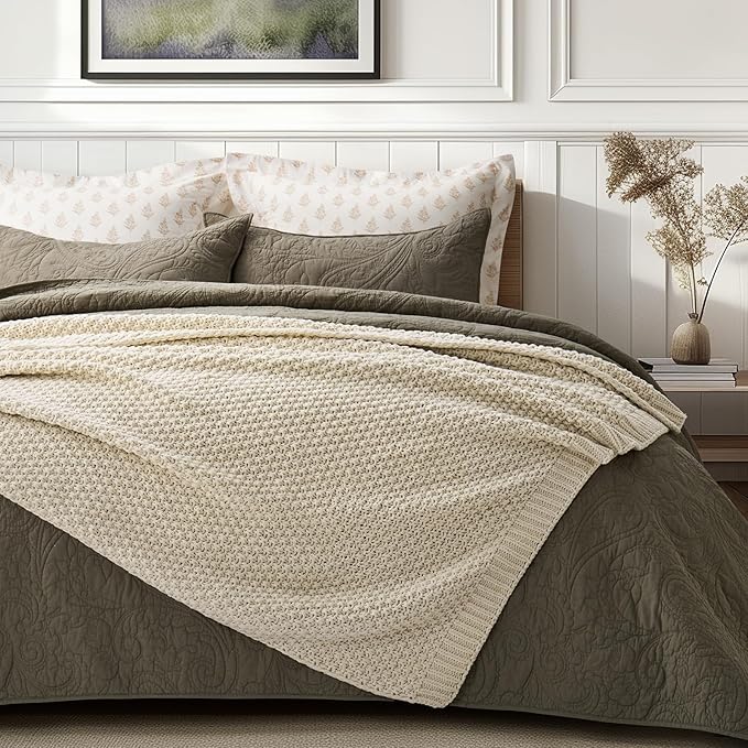 Chunky Chenille Knit Throw Blanket for Couch, Soft Luxurious Moss Stitch Blankets for Bed, Cozy Decorative Farmhouse Knitted Throws for Sofa, Beige, 50" x 60"