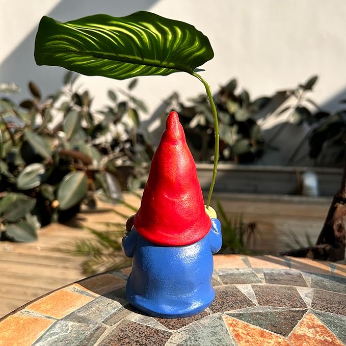 Garden Gnome Statue Decoration with Leaf Umbrella, 6.5” Figurine Ornament for Indoor Outdoor Home Patio Yard Lawn, for Gnome Lovers & Garden Enthusiasts，Mom，Women