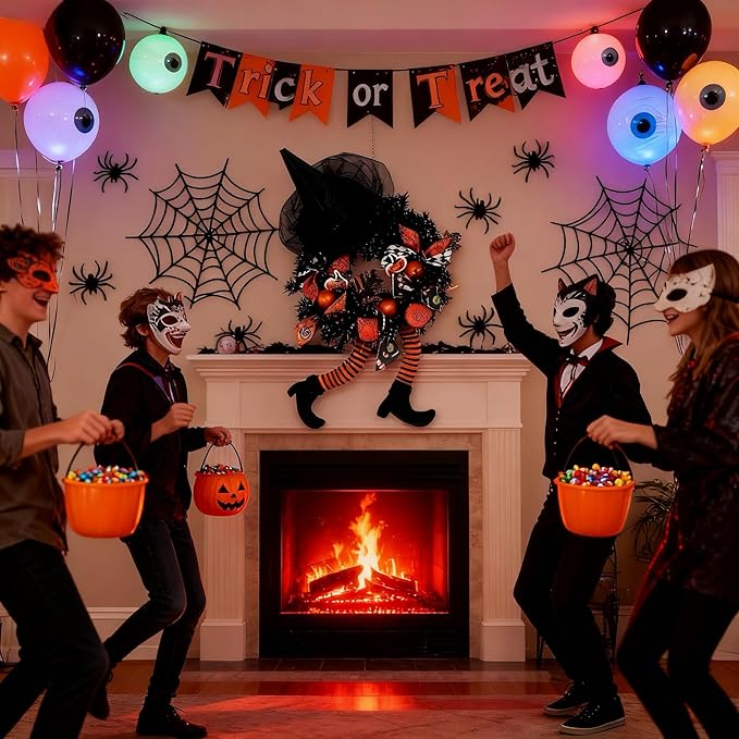 Happy Halloween Wreath for Front Door Decoration with Skeleton Artificial Bone Orange Ornaments Maple Leaf for Party Decor (Halloween Orange)