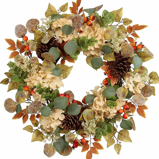 22 in Fall Hydrangea Wreath with Eucalyptus, Pinecones Orange Berries Perfect Autumn Door Wreath for Thanksgiving Harvest Decor - Rustic, Lifelike Durable for Indoor Outdoor Use