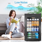 Beverage Refrigerator Cooler, 17 Inch 120 Cans Freestanding Mini Fridge with Glass Door, Adjustable Shelves and LED Light, Small Drink Fridge Counter-top Beer Fridge for Bedroom Office Bar