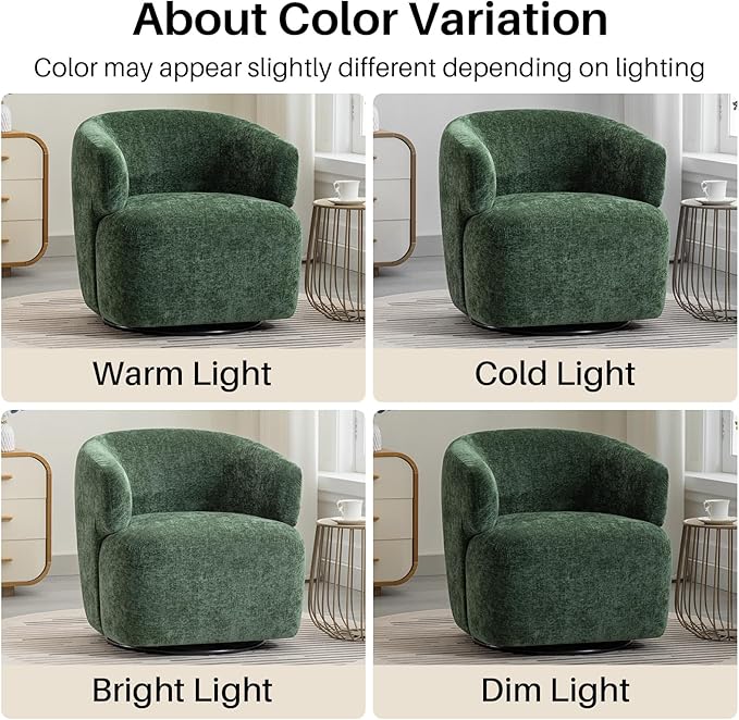 Swivel Accent Chair, Chenille Barrel Chair for Living Room, Cozy Round Boucle Arm Chair, Metal Base for Club Nursery Bedroom, Green