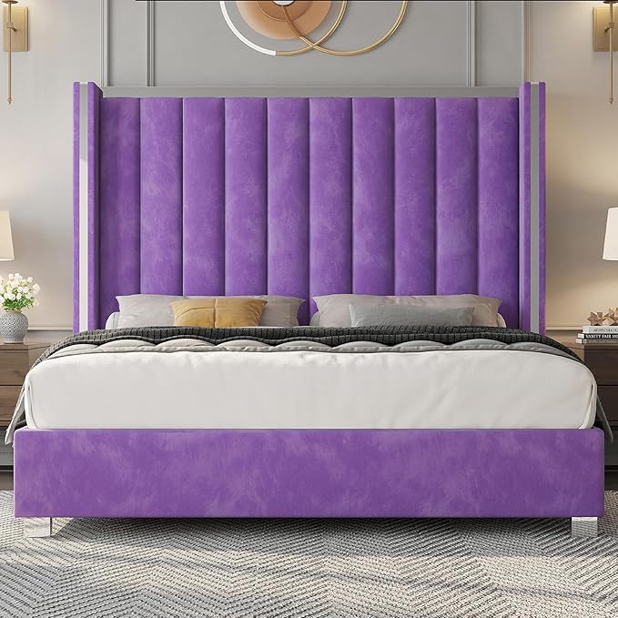 Jocisland Queen Bed Frame with 58" Tall Headboard, Velvet Upholstered Platform Bed with Channel Tufted Wingback Headboard and Plating Trim, No Box Spring Needed, Purple