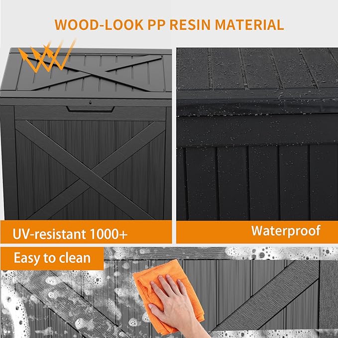 Vixzen 32 Gallon Outdoor Deck Box,Lockable Resin Waterproof Storage Box,UV Resistant,Weather Resistance,Outside Storage Bin for Gardening Tools,Pool Supplies,Black