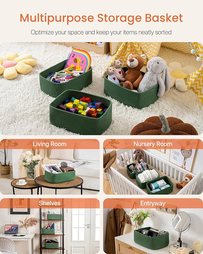Small Woven Basket, 13.5 x 9.5 x 5 Inches, Storage Basket for Organizing, Cute Small Rope Shelf Closet Cube Storage Bins Baskets for Shelves, Dog Toy Gift Baskets Empty, 3 Pack, Green