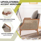 HAOBO Home Mid Century Modern Accent Chair Upholstered Living Room Chairs Armchair with Rattan Armrest Comfy Reading Chair with Wood Frame Lounge Side Chair with Waist Cushion Set of 2