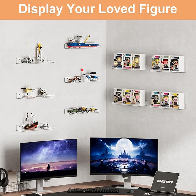 upsimples 16 Pack Acrylic Shelves for Wall Storage, 15" Floating Bookshelves for Kids, Display Shelf Organizer for Bathroom, Bedroom, Living Room, Kitchen, Room Decor, Clear