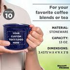 DISCOUNT PROMOS Custom Ceramic Campfire Coffee Mugs 13 oz. Set of 10, Personalized Bulk Pack - Perfect for Tea, Espresso, Cappuccino, Hot Cocoa - Blue