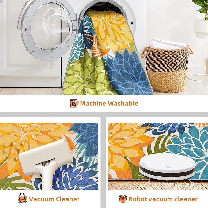 Indoor Outdoor Area Rug Washable Multicolored Patio Rug Tropical Botanical Modern Floral Indoor Outdoor Carpet Non Slip Yellow Green Rug Non Shedding for Patio, Deck, Backyard, Porch (9x12)