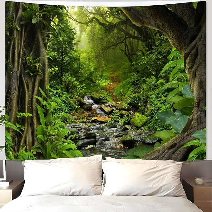 AMM Green Rainforest Tapestry Nature Forest Tapestry for Bedroom Aesthetic Misty Tropical Jungle Trees Flowing Stream Landscape Tapestries Wall Hanging for Living Room Dorm 90 x 68 Inch
