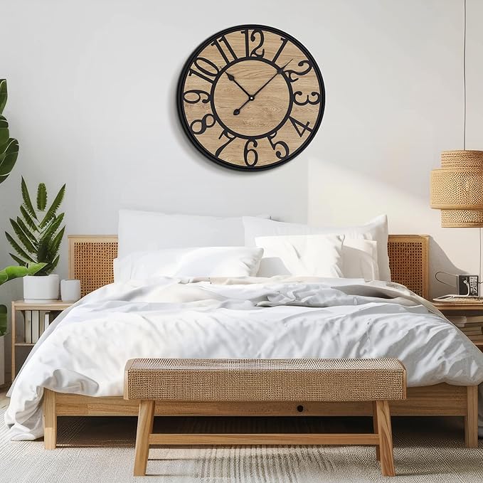 Large Wall Clock for Living Room Decor - Non-Ticking, Battery Operated Modern Vintage Wood Clock for Bedroom, Kitchen, Farmhouse, Office - Oversized Decorative Silent Clock