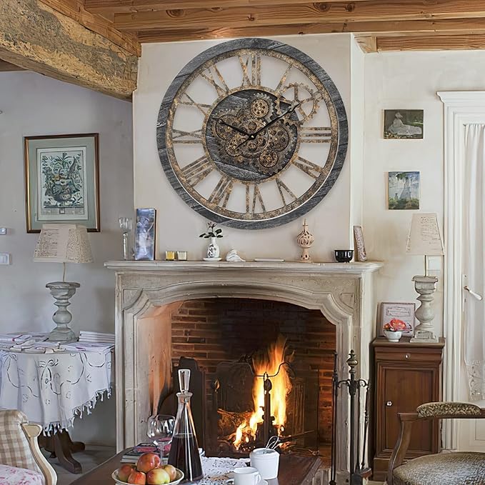 HOIBAI Wall Clock, 24 Inch Moving Gears Clock Large Wall Clock for Living Room Decor Rustic Vintage Industrial Steampunk Farmhouse Big Clock for Home Kitchen Bedroom Office