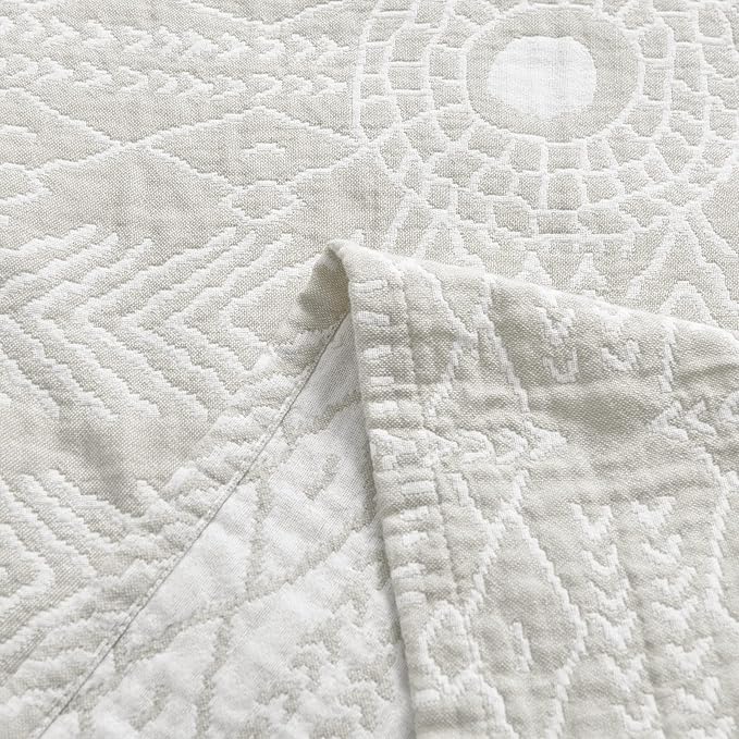 jinchan Boho 100% Cotton Muslin 50x60 Throw Blanket Lightweight 3-Layer Light Grey Blanket Washable Reversible Breathable Decorative Geometric Striped Patterned Soft Cozy for Sofa Bed All Season Gift