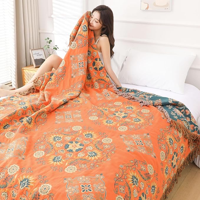 Boho Throw Blanket for Bed - 100% Pure Cotton Ultra Soft Rustic Quilt - Farmhouse Decor Bed Blankets, All Season Rustic Throw for Sofa Couch Chair(60"×80", Boho)