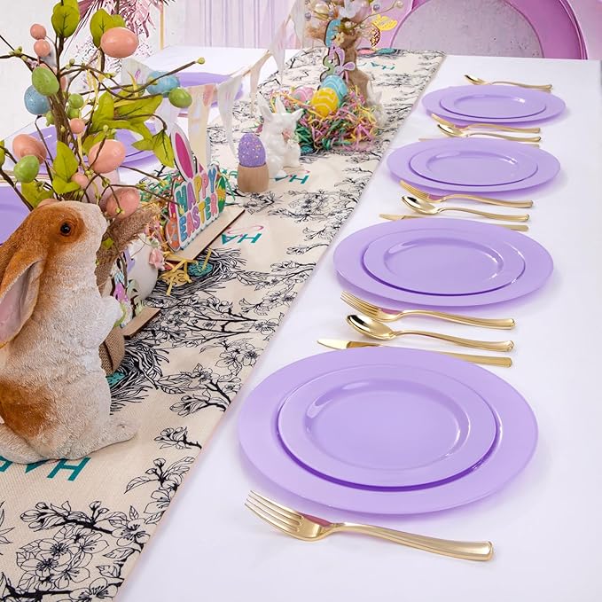 FLOWERCAT 60PCS Purple Plates - Heavy Duty Purple Plastic Plates Disposable for Easter Party/Wedding - Include 30PCS 10.25" Dinner Plates and 30PCS 7.5" Dessert Plates