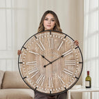 Farmhouse Wall Clock 30 Inch - Rustic Wood Metal Decor, Silent Sweep, Battery Operated for Living Room Kitchen Office, Brown