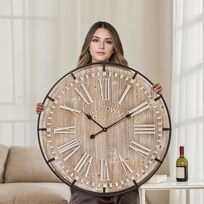 Farmhouse Wall Clock 30 Inch - Rustic Wood Metal Decor, Silent Sweep, Battery Operated for Living Room Kitchen Office, Brown