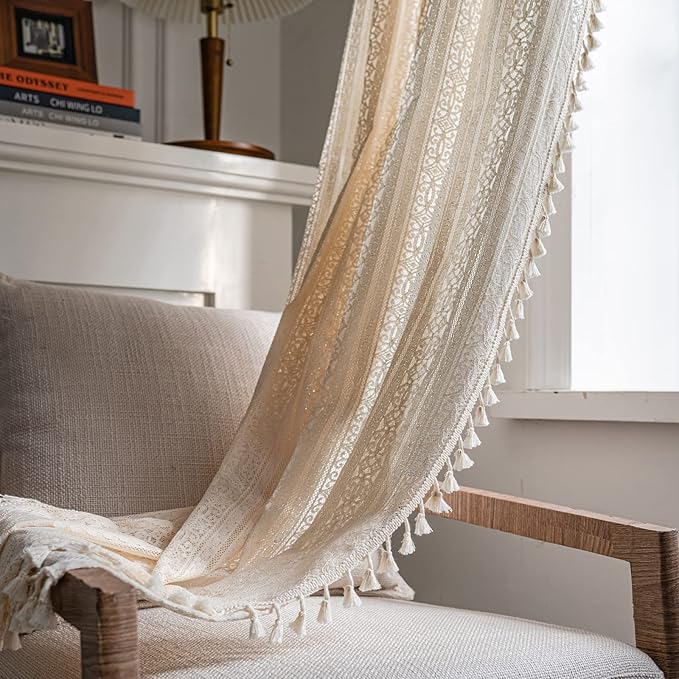 Sutuo Home Boho Curtain Crochet Lace Semi-Sheer Florals Hollow Knitted Handmade Tassels, Rod Pocket Window Treatment Vintage Rustic Farmhouse Drapes for Living Bedroom, 1 Panel 59" W x 63" L, Beige
