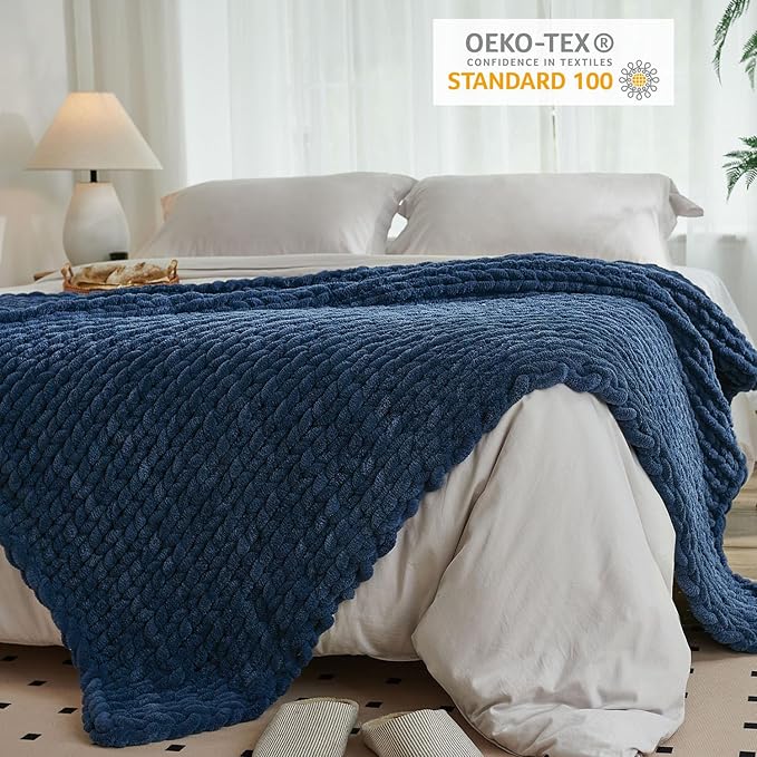 Esterra Chunky Knit Throw Blanket Newly Upgraded Heavy Tighter Version, Handmade Chenille Throw Super Soft, Thick Yarn Cable Knit Crochet Throw Blanket for Couch Bed Sofa, 50"x60", Navy Blue