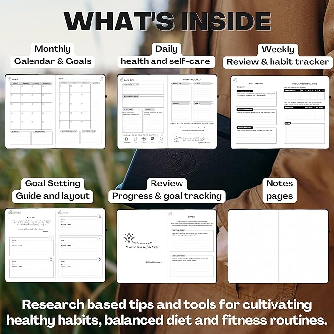 Life & Apples Wellness Journal Planner – Food Log, Fitness Tracker, Habit Tracker, Weight Loss Journal for Diet Tracking and Health Goals, Undated, Size A5, Black