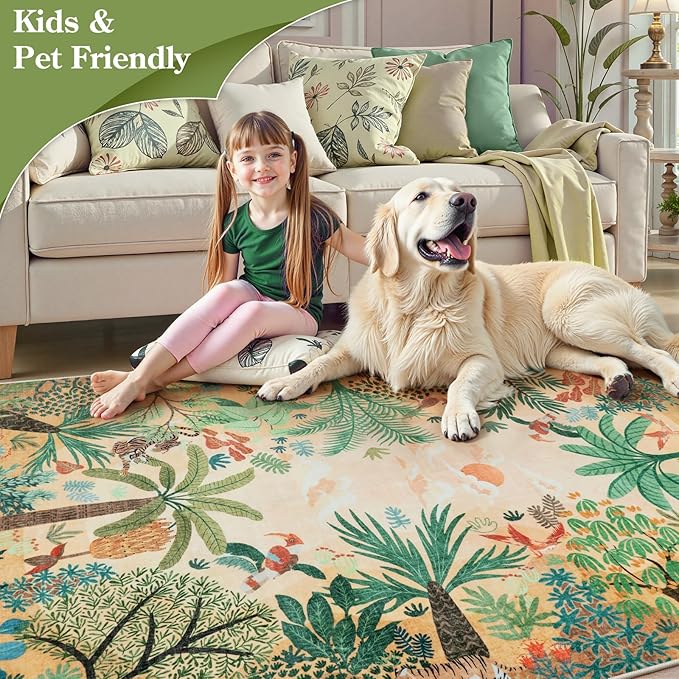 LIVEBOX Washable Jungle Animal Print 6 x 9 Area Rug for Dining Room, Non-Skid Yellow Kids Carpet Playmat Rug for Play Room, Soft Nursery Rugs for Girl Dorm, Kids Rugs for Bedroom Boys