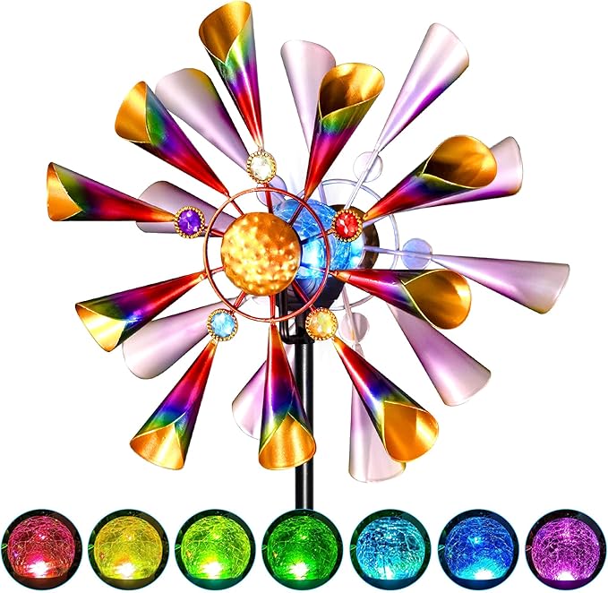 54'' Wind Spinners Outdoor Solar Garden Decor Light - Unique Metal Stake Colorful Windmill, Durable Waterproof Design for Garden, Lawn, Patio