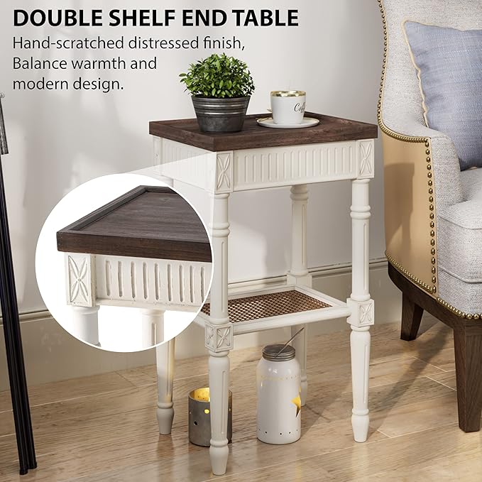 Rustic Farmhouse Cottagecore Accent End Table Set of 2, Distressed Accent Side Table with Espresso Tray Top and Woven Wicker Shelf, Boho, French Country Decor, Square, Weathered Brown & White