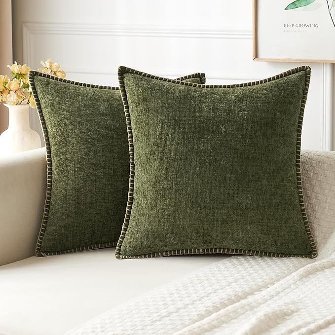 MIULEE Pack of 2 Couch Throw Pillow Covers 16x16 Inch Olive Green Farmhouse Decorative Pillow Covers with Stitched Edge Soft Chenille Solid Dyed Spring Pillow Covers for Sofa Bed Living Room