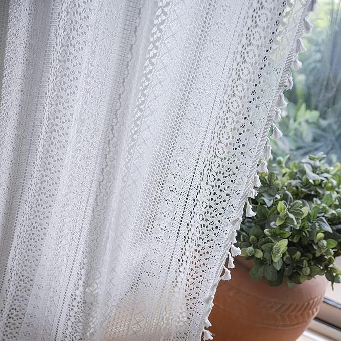 Sutuo Home White Boho Curtains Crochet Lace Semi-Sheer Bohemian Hollow Knitted Handmade Tassels, Rod Pocket Window Treatment Vintage Rustic Farmhouse Drapes for Glass Slide Door, 1 Panel 59" W x 90" L