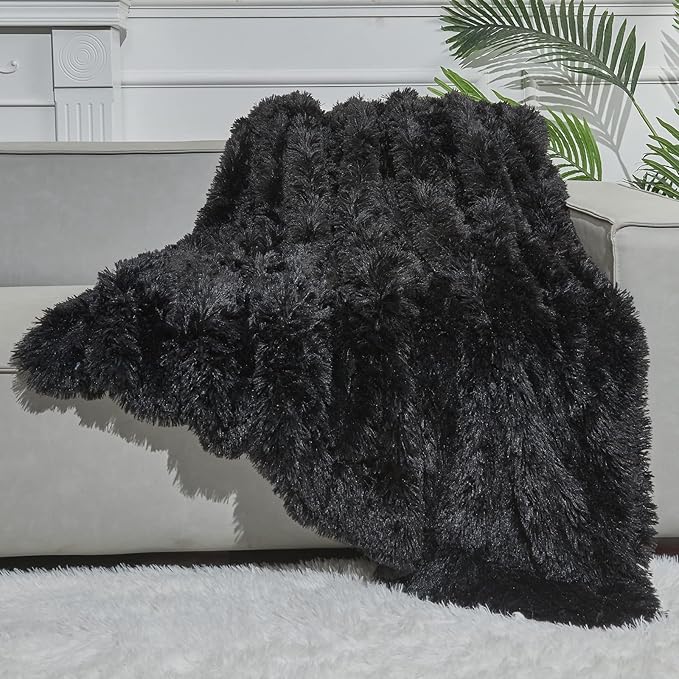 GONAAP Fuzzy Faux Fur Throw Blanket Twin Size Black Super Soft Cozy Plush Fuzzy Shaggy Blanket for Couch Sofa Bed (Black, Twin(60"x80"))