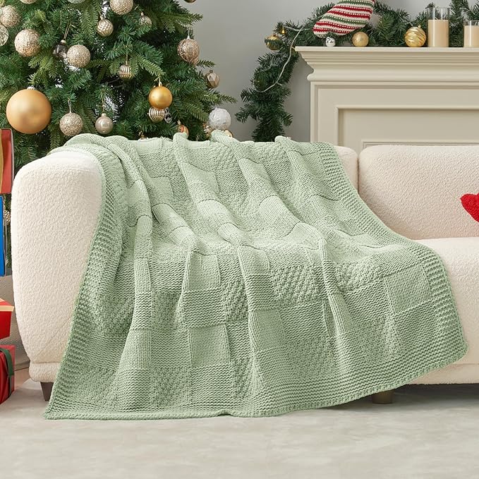 Amélie Home Chenille Knit Throw Blanket for Couch, Checkered Texture Decorative Soft Blanket for Sofa, Bed & Living Room, 60"x80", Sage Green