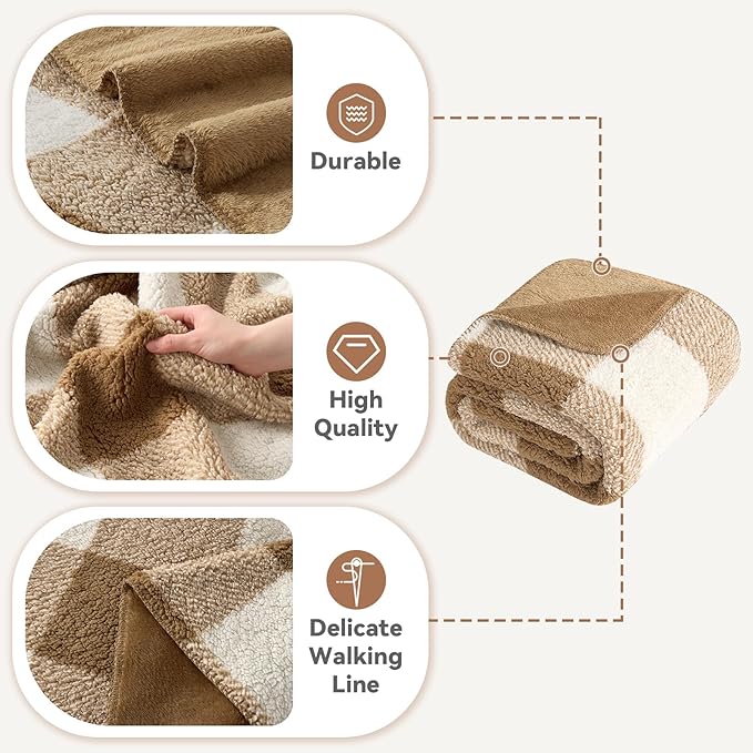 LURKA Checkered Sherpa Fleece Twin-Size Bed Blanket - Extra Thick and Warm Winter Soft Fuzzy Plush Blanket for Couches, Beds & Pets, Brown, 60x80 Inches