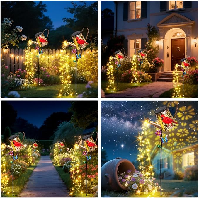 Solar Lights Outdoor Decorative, 39.4'' Metal Solar Watering Can Lights with Red Cardinal, Waterproof Garden Stake for Yard Lawn Patio Pathway Landscape, Gardening Gifts for Mom Grandma Women