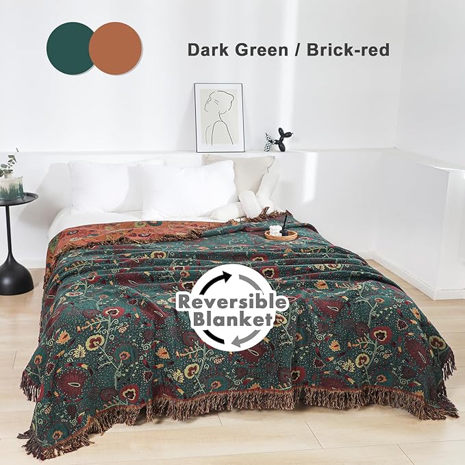 MSGKV Cotton Bed Blanket for Couch and Sofa Blankets for Living Room Bedroom Reversable Florals Throw 90"x98" Breathable Cozy Boho Blankets