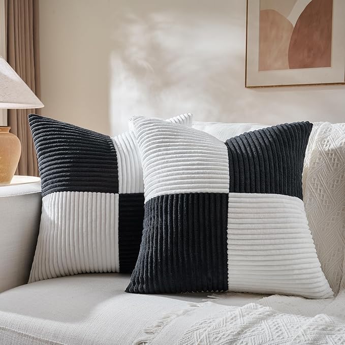 Fancy Homi Set of 2 Black White Samll Decorative Throw Pillow Covers 18x18 Inch with for Couch Bed Sofa Living Room, Soft Cross Patchwork Striped Corduroy Modern Square Cushion Case 45x45 cm