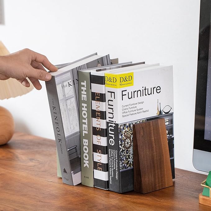 Muso Wood Thickened Wooden Bookends for Heavy Books, Creative Decorative Non-Skid Handmade Walnut Wood Ends for Shelves