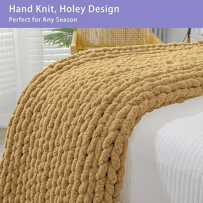 Bigacogo Chunky Knit Throw Blanket for Couch, 40x60 inches, 100% Hand Knitted with Thick Jumbo Chenille Yarn, Cozy Soft Large Rope Knot Cable Crochet Blankets for Sofa Bed Living Room, Goldenrod