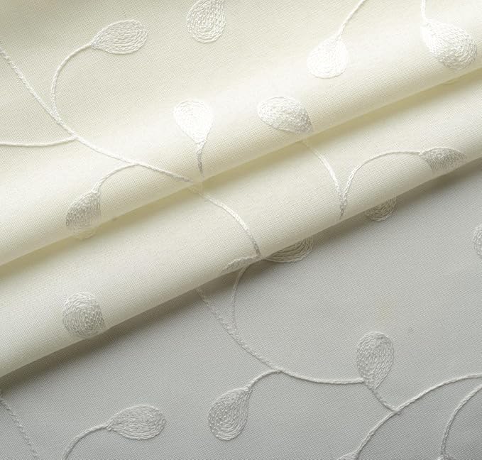MIUCO Floral Embroidered Semi Sheer Curtains Faux Linen Grommet Curtains for Girls Room 52 x 84 Inch Set of 2, Off White