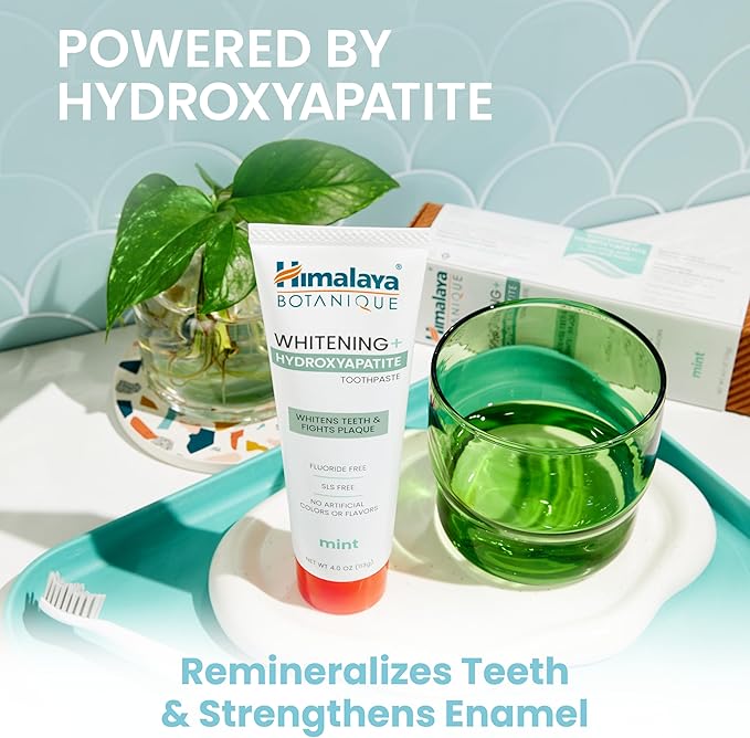 Himalaya Botanique Whitening + Hydroxyapatite Toothpaste for Whiter Teeth & Fresher Breath, Fights Plaque with Hydroxyapatite Support & Mint Flavor, Fluoride Free, SLS Free, & Vegan, 4.0 oz, 4 Pack
