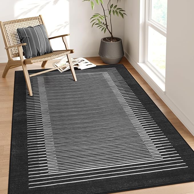 Wonnitar Washable Striped 5x7 Washable Area Rug, Non-Slip Black Berber Stripe Rugs for Living Room, Low Pile Minimalist Floor Carpet Rugs for Bedroom Dining Room Home Office (Black,5' x 7')