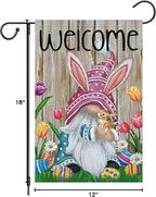Welcome Easter Gnome Garden Flag 12x18 Double Sided Burlap, Funny Bunny Floral Small Yard Flag Banner for Holiday Farmhouse Outdoor Decor (ONLY FLAG)